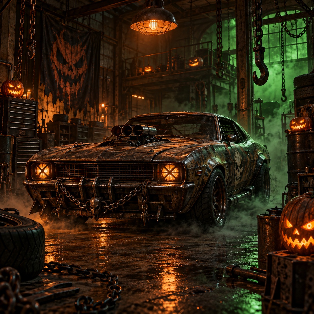 Halloween garage with pumpkins and a weathered car