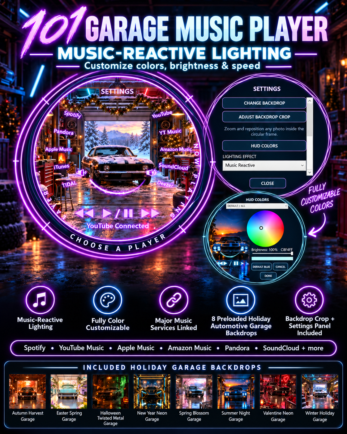 101 Garage Music Player poster highlighting music-reactive lighting and customizable colors, brightness and speed