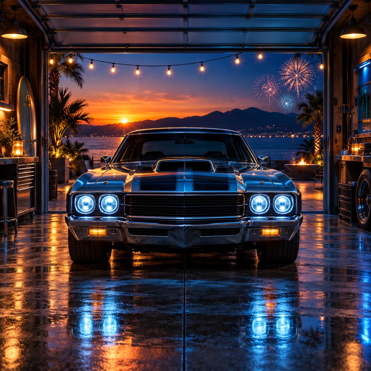 Summer night garage with a sunset and a car
