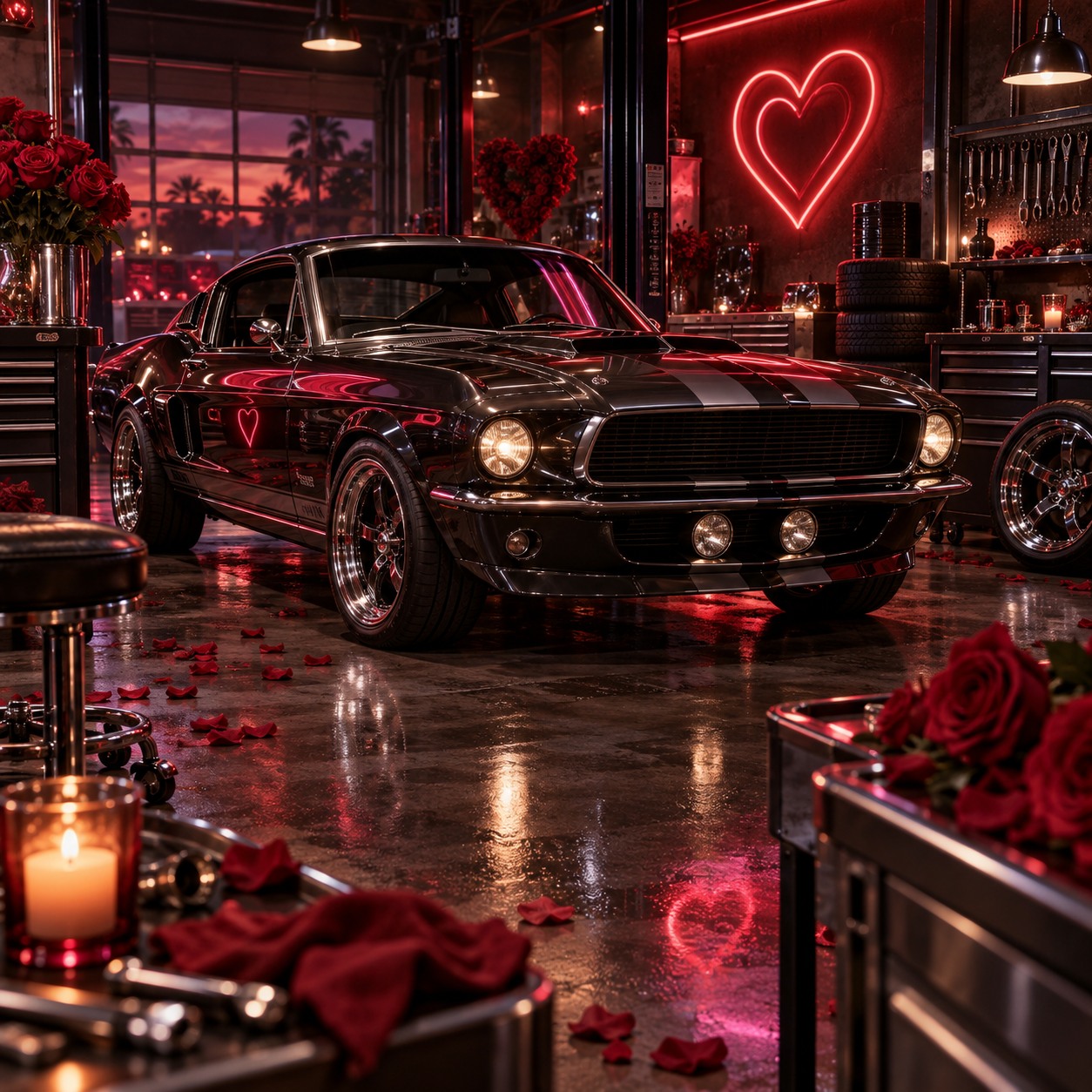 Red neon garage with Valentine decorations