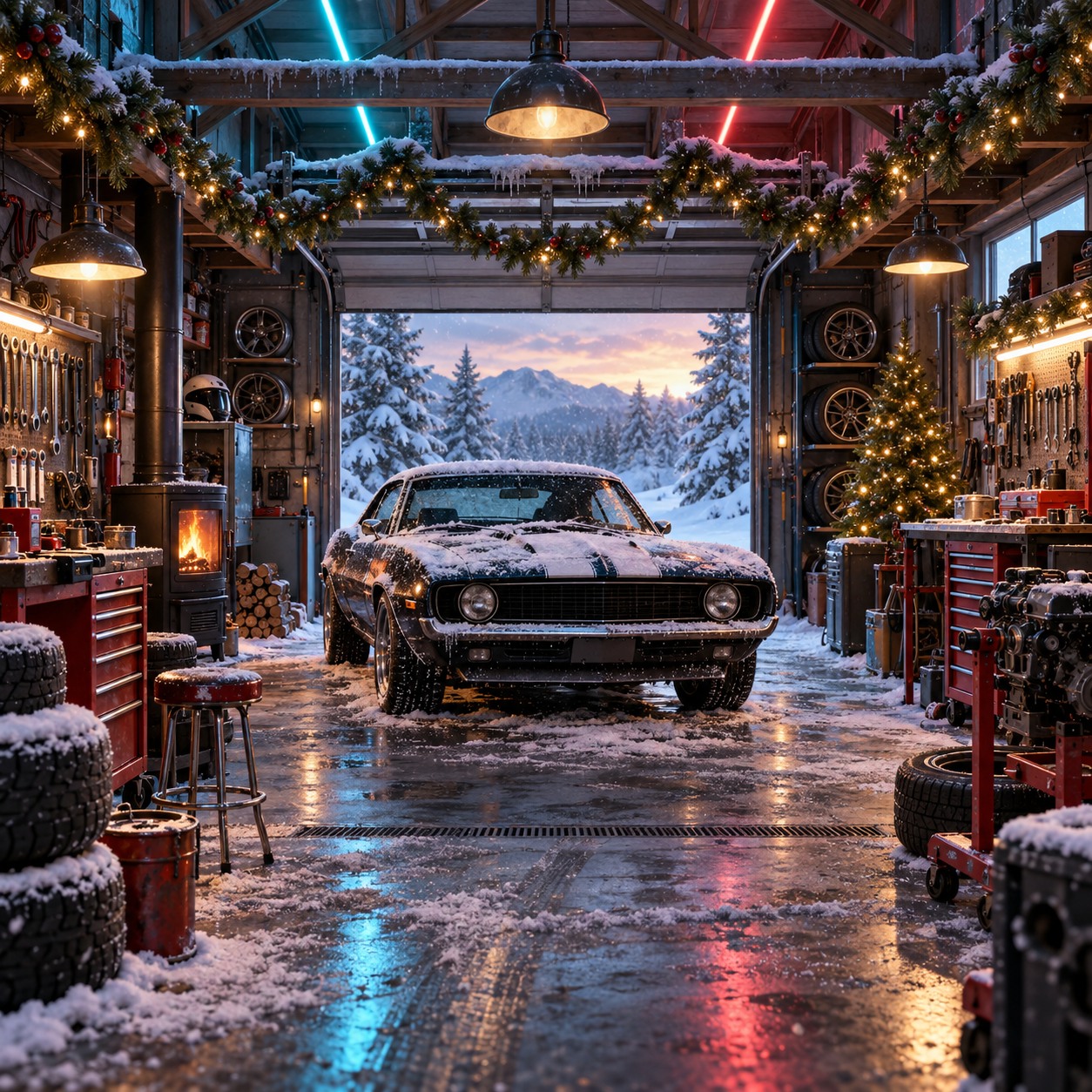 Snowy holiday garage and a decorated classic car